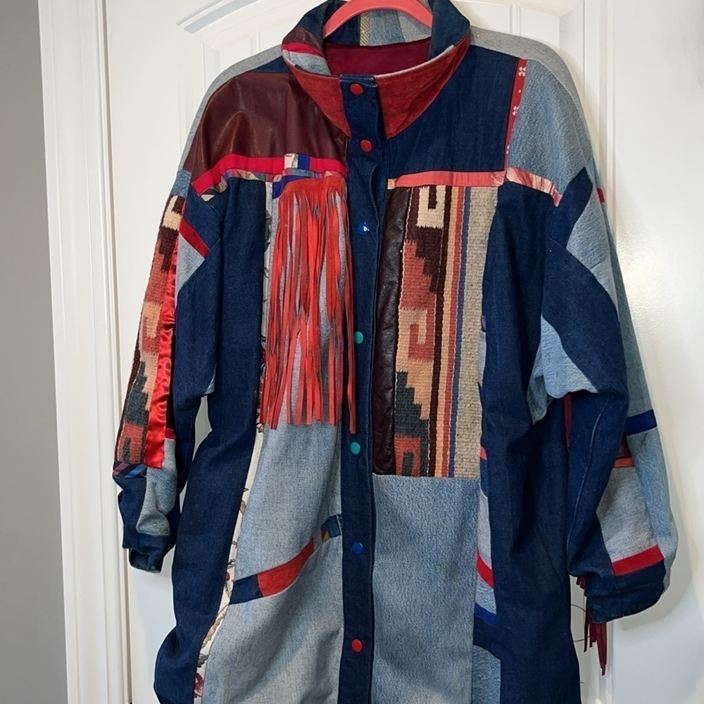 Santa Fe Recreations fringe patchwork western denim mixed media jacket L/XL